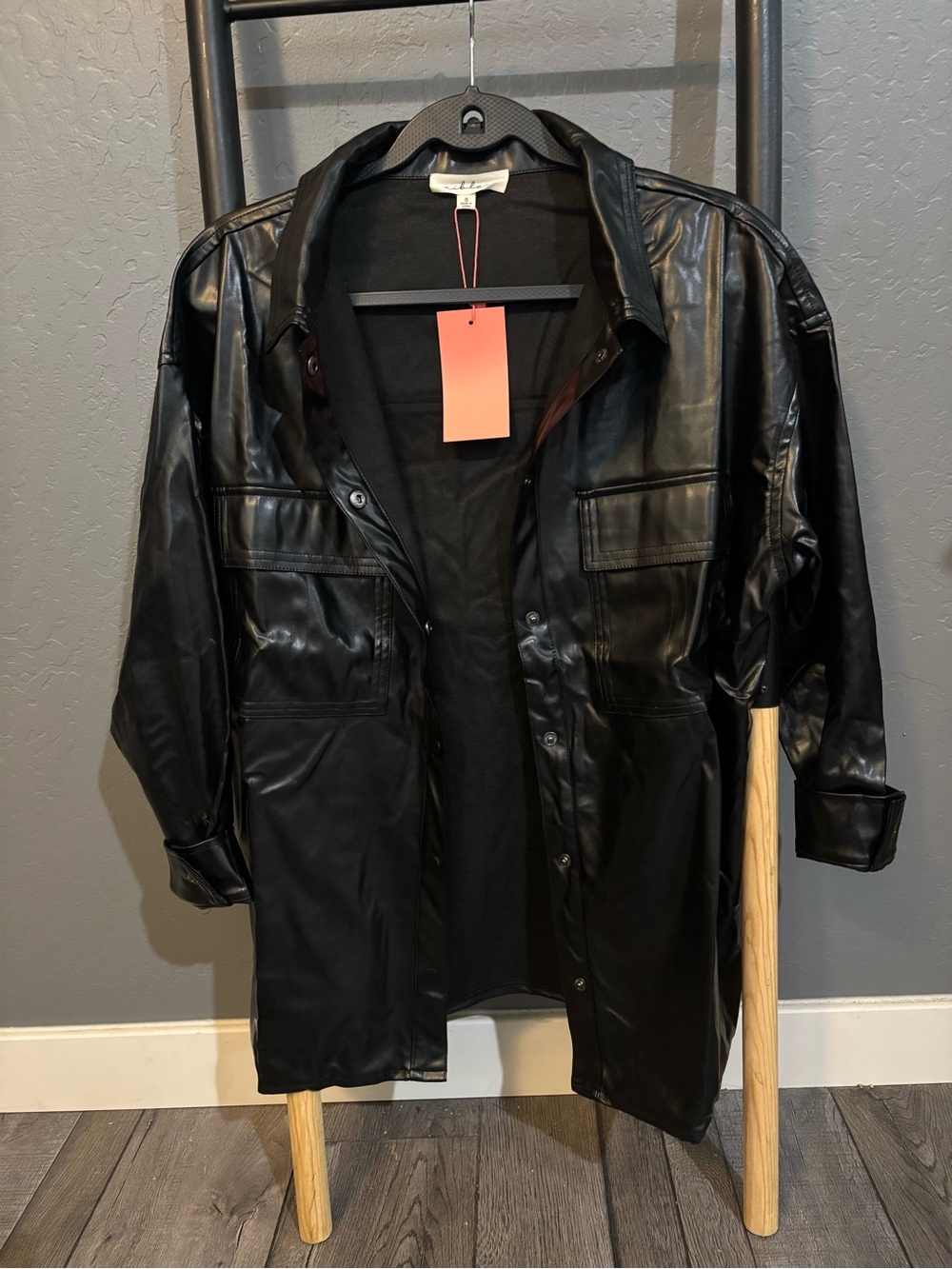 Black Faux Leather Longline Jacket - Women